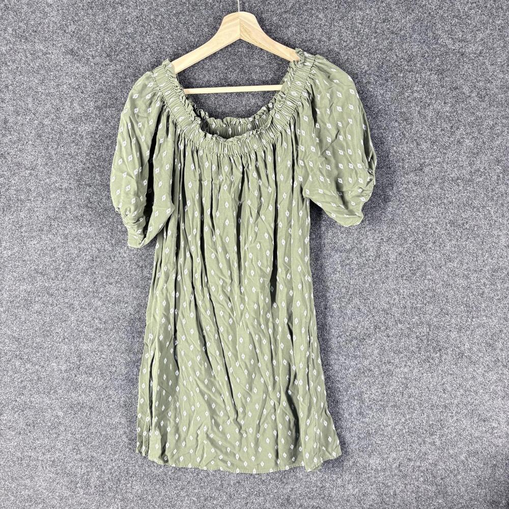 Time And Tru Dress Women M Medium Green Geometric Shift Midi Rayon Short Sleeve
